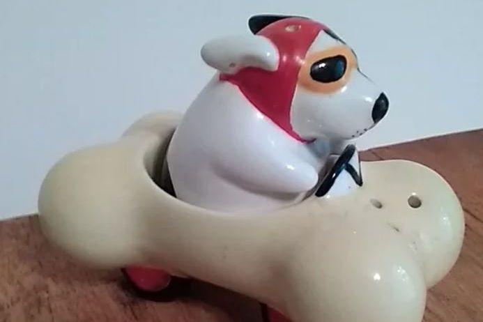 Ceramic Salt & Pepper Shakers Racing Dog In Bone Shaped Car Clay Art